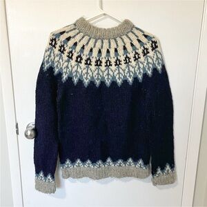 Hand Knit Fair Isle Wool Fisherman Crewneck Knit Sweater Blue Grey Cream Small